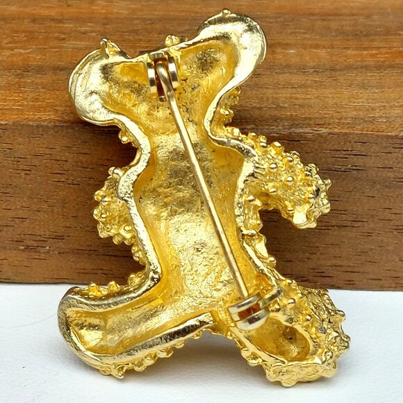 Vintage Gold-Tone Teddy Bear Brooch With Red Rhinestones Pinback Jewelry - Picture 3 of 5